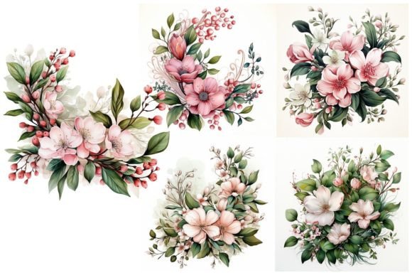 5 Watercolor Pink Flowers - Clipart