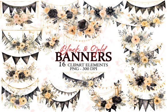 Black and Gold Wedding Banner Watercolor Illustrations for Handmade Crafters