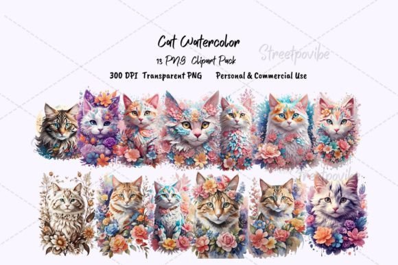 Cat Floral Watercolor Clipart PNG Pack D for Branding & Marketing Visuals