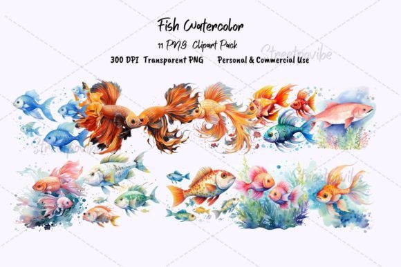 Fish Watercolor Clipart PNG Pack for Illustrations & Design Projects