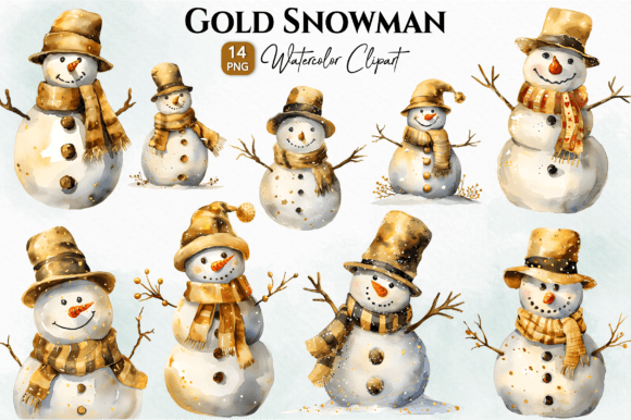 Gold Snowman Watercolor Clipart Brings Holiday Cheer to Embroidery Projects