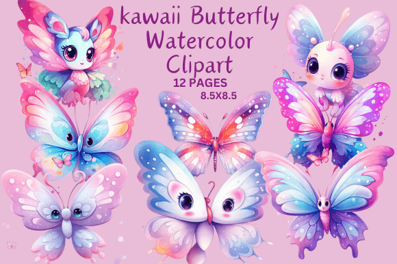 Kawaii Butterfly Watercolor Clipart: Cute Illustrations for Digital Sellers