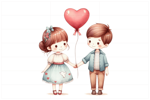 Watercolor Couple with Heart Balloon PNG for Modern Branding and Marketing