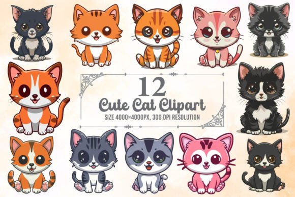 Watercolor Cute Cat Clipart Bundle for Illustrations & Digital Product Sellers
