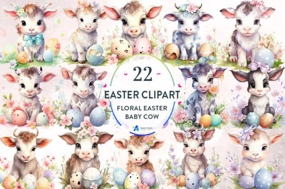 Watercolor Easter Baby Cow Clipart for Lifestyle & Seasonal Illustrations