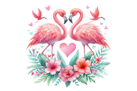 Watercolor Flamingo Valentine and Flower Illustrations for Digital Sellers