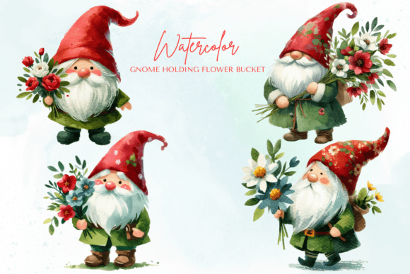 Watercolor Gnome Holding Flower Bucket Illustration: A Charming Addition for Lifestyle Blog Graphics