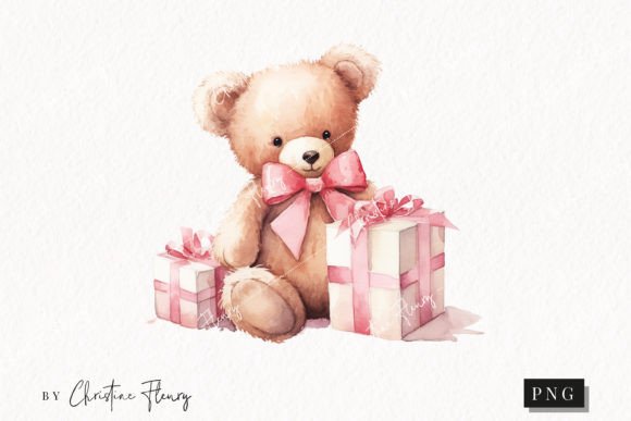 Watercolor Pink Teddy Bear with Gifts Illustration Review for Digital Sellers