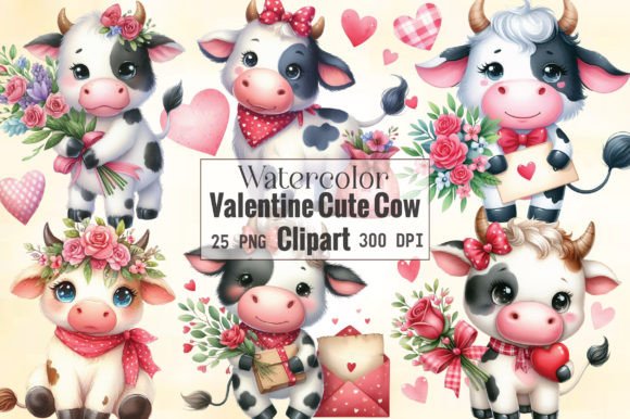Watercolor Valentine Cute Cow Clipart for Branding & Marketing