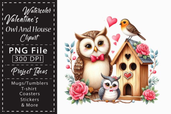 Watercolor Valentine Owl and House: A Charming Illustration for Local Branding and Seasonal Packaging