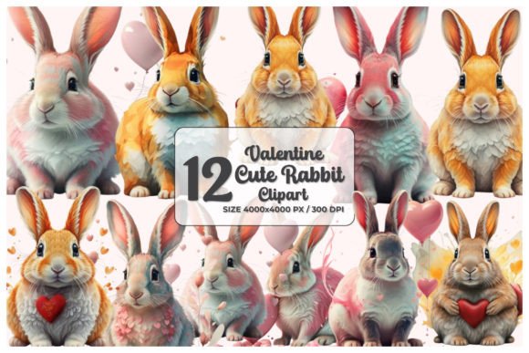 Watercolor Valentine's Day Bunny Clipart for Branding & Marketing Visuals