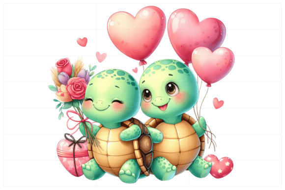 Watercolor Valentine Two Turtles, Hearts Illustrations for Crafters & Handmade Sellers
