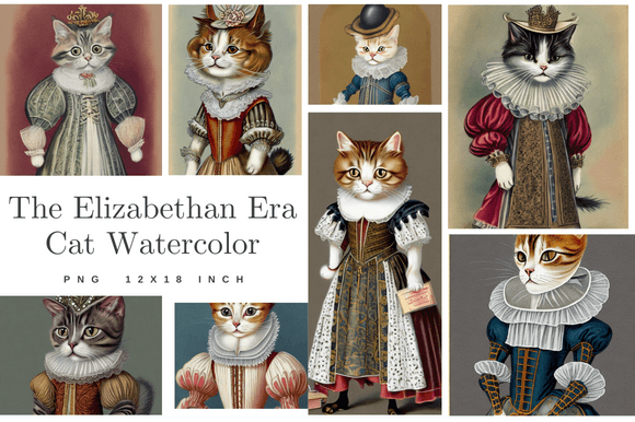 Watercolor Vintage Elizabethan Cat Illustrations for Brand Design