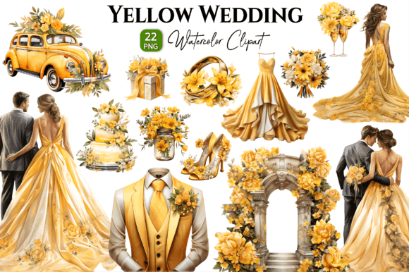 Yellow Wedding Watercolor Clipart Bundle
